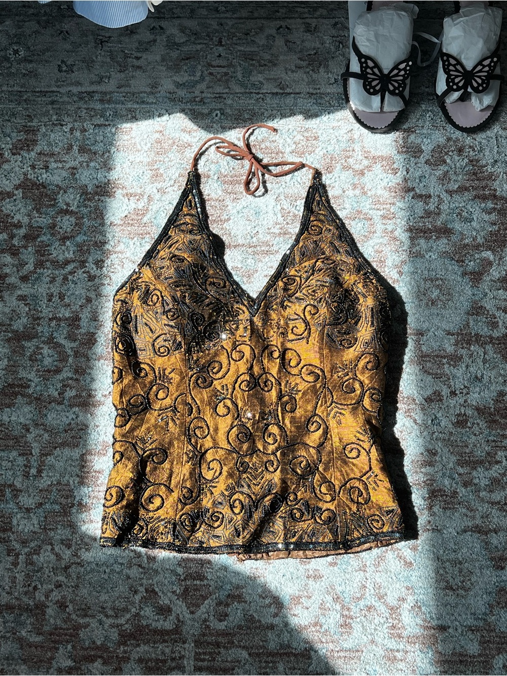 Aftershock y2k 100% silk Embellished Halter V-Neck Tank Top